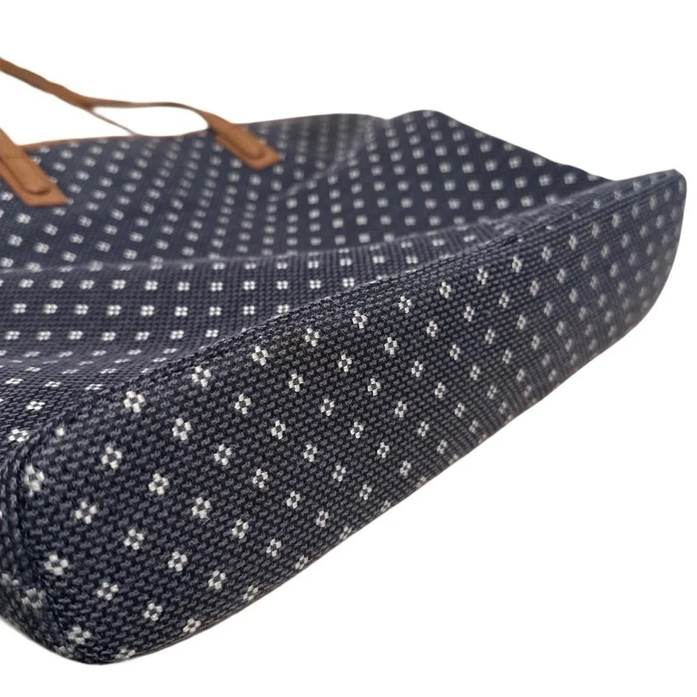 Talbots Woven Large Zip Tote Faux Leather Trimmed Nautical Blue White Dots EUC